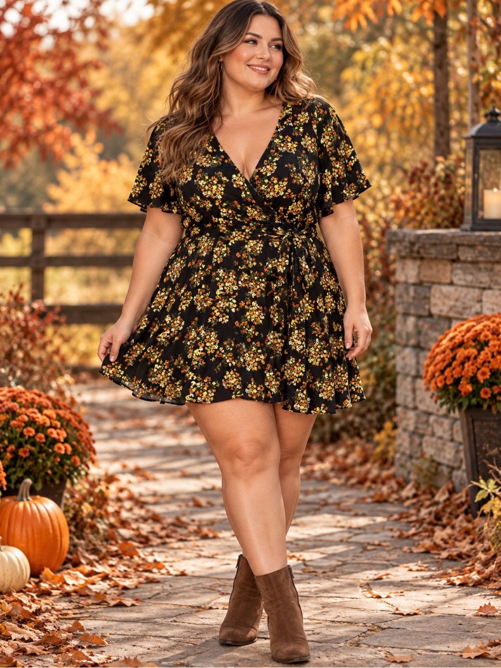 City Chic Black Floral Faux Wrap Mini Dress with Yellow Blooms Size 18